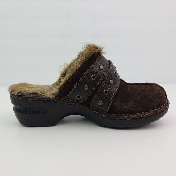 Boc Born Concept Womens Sz 8 Brown Suede Leather Slip On Faux Fur Mule Clog Shoe - Picture 4 of 11